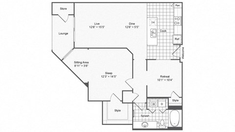 Floor plan for 1 bed, 1 bath, 973 sqft